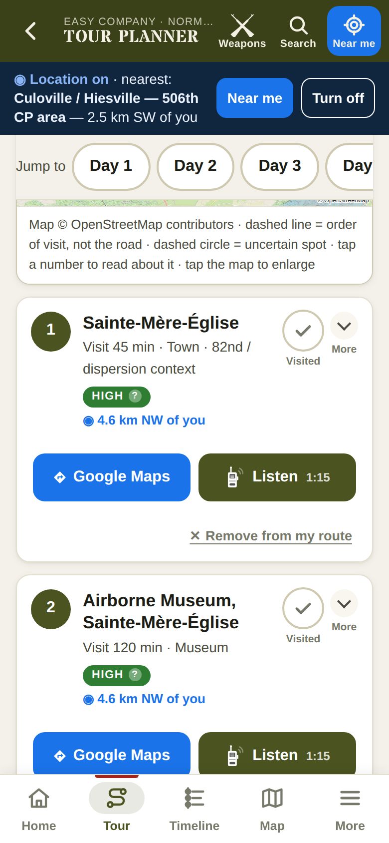 The tour planner in the app